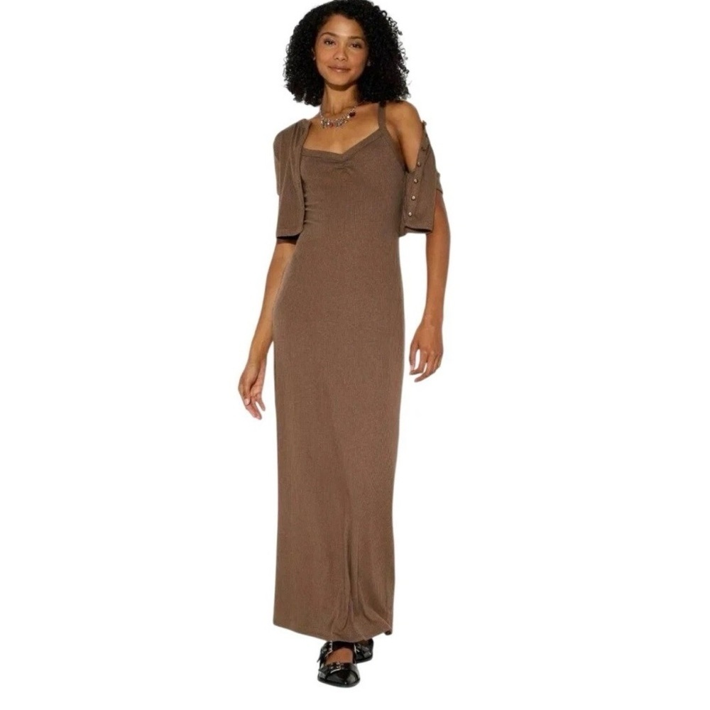 🌸2/$20 NWT Wild Fable Ribbed Maxi Babycon Dress and Cardigan Set- Brown XS